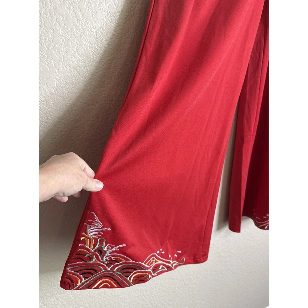 Womens XS Red Knit Wide‎ Flare Leg Pants Embroidered Hem Pocket Asian Style Boho